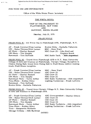 Press pools for the President's trip to Plattsburgh, New York and Newport, Rhode Island [Pool Assignments]