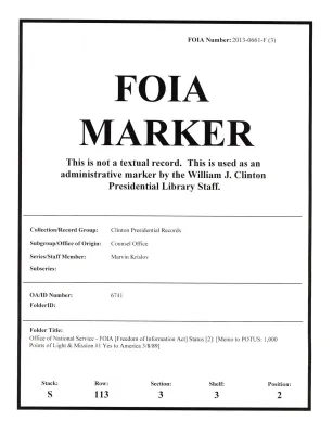 Office of National Service - FOIA [Freedom of Information Act] Status [2]: [Memo to POTUS 1,000 Points of Light and Mission #1 Yes to America 3/8/89]