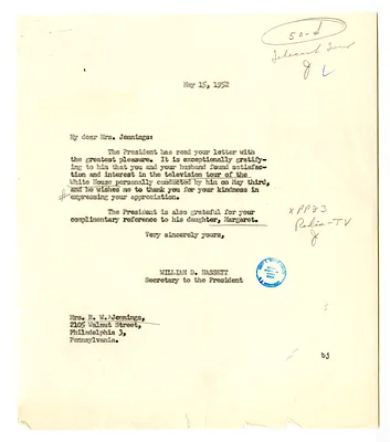 Letter from Mrs. R. W. Jennings to President Harry S. Truman with a Reply from William D. Hassett