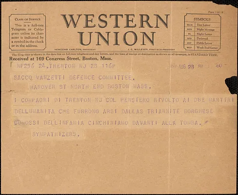 Sympathizers telegram, in Italian, to Sacco-Vanzetti Defense Committee, Trenton, N. J., August 28, 1927
