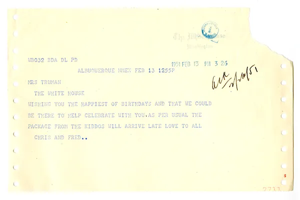 Telegram from Christine and Fred Wallace to Bess W. Truman
