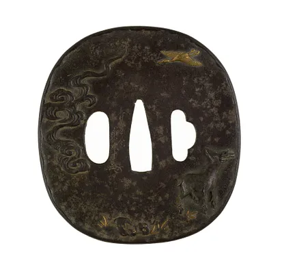 Tsuba with Stag, Crane, Rock, and Fungus