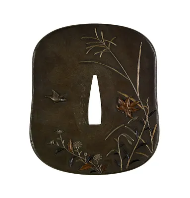 Tsuba with a Sparrow and Autumn Foliage