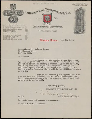 C.H. Prentice (Underwood Typewriter Co.) typed letter signed to Sacco-Vanzetti Defense Committee, Boston, Mass., November 14, 1924