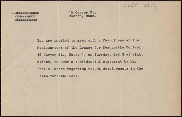 [Elizabeth Glendower Evans] typed letter (circular), Boston, Mass., [September-October 1923?]