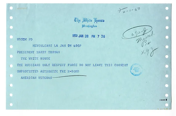 Telegram from Anonymous Sender to President Harry S. Truman
