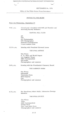 Press Travel Pool Assignments for September 25, 1974