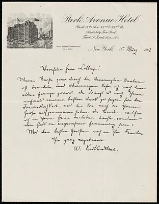 Kükenthal, Willy, 1861- autograph letter signed to Hugo Münsterberg?, New York, 15 May 1912