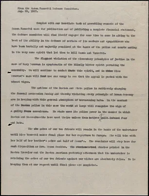 Sacco-Vanzetti Defense Committee typed letter (copy, circular), Boston, Mass., August 29, 1927