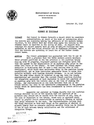 Memorandum, State Department Summary of Telegrams