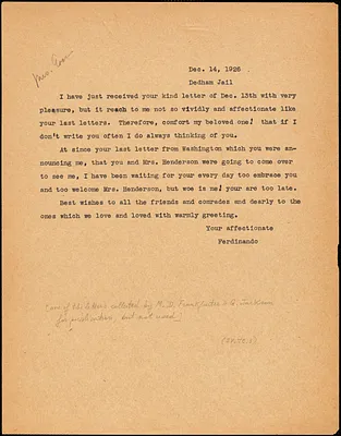 Nicola Sacco typed note (copy) to Elizabeth Glendower Evans., 14 December 1926