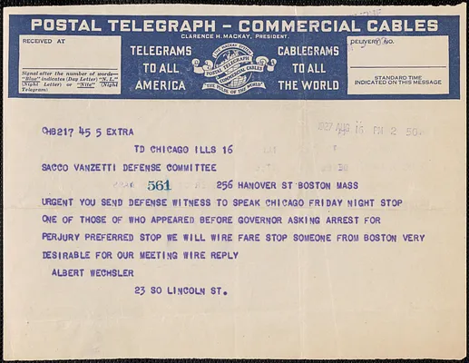 Albert Wechsler (Sacco-Vanzetti Conference of Chicago) telegram to Sacco-Vanzetti Defense Committee, Chicago, Ill., August 16, 1927