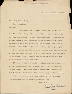 Rosenthal, Stephen Brooks typed letter signed to Hugo Münsterberg, Cambrige, Mass., 14 March 1899