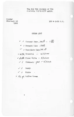 Shopping List for Tea for the Members of the Columbia University Association