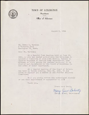 Letter from Mary Jean Doherty, on behalf of the Selectmen, to Edwin B. Worthen, August 3, 1944