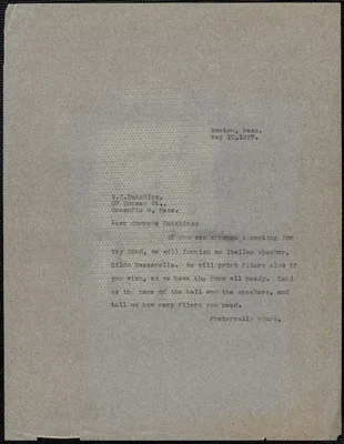 Sacco-Vanzetti Defense Committee typed note (copy) to W. S. Hutchins (Socialist Party of Greenfield, Mass.), Boston, Mass., May 10, 1927