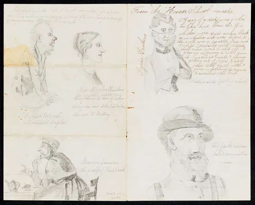 Letter insert, pencil sketches of characters from Hoosier Schoolmaster