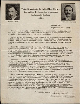 Nicola Sacco and Bartolomeo Vanzetti typed letter signed to the Delegates to the United Mine Workers Convention, Indianapolis, Ind., [Boston], 20 September 1921