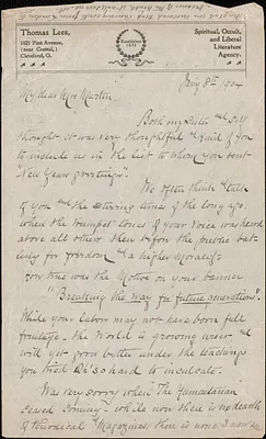 Thomas Lees autograph letter signed to [Victoria Woodhull] Martin, Cleveland, January 8, 1904