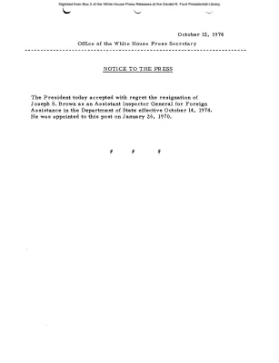 Resignation of Joseph S. Brown, Assistant Inspector General for Foreign Assistance in the Department of State [Position Appointments and Resignations]