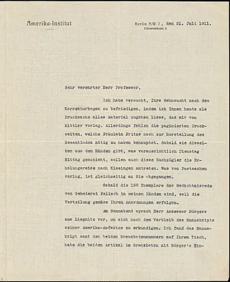 Drechsler, Robert Walter, fl. 1913 typed letter signed to Hugo Münsterberg, Berlin, 31 July 1911
