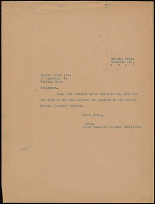 Sacco-Vanzetti Defense Committee typed letter (copy) to Jacobs Press Inc., Boston, Mass., December 6, 1923