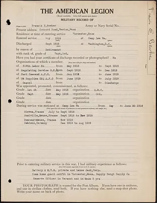American Legion military record of Francis Edwin Bowker