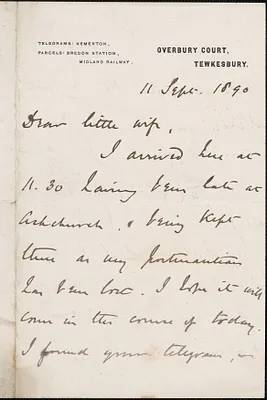 [John Biddulph Martin] autograph note to [Victoria Woodhull Martin, Tewkesbury, England], September 11, 1890