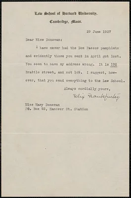 Felix Frankfurter typed note signed to Mary Donovan, Cambridge, Mass., June 29, 1927