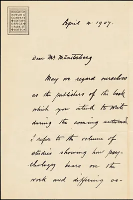 Booth, William Stone, 1864-1926 autograph letter signed to Hugo Münsterberg, Boston, 04 April 1907