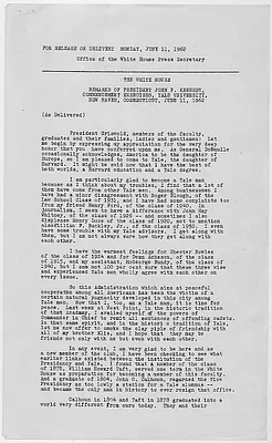 Press copy of Remarks of President John F. Kennedy, Commencement Exercises, Yale University, 11 June 1962