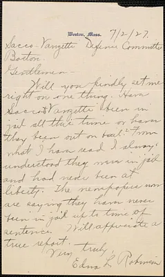 Edna L. Robinson autograph note signed to Sacco-Vanzetti Defense Committee, Weston, Mass., July 2, 1927