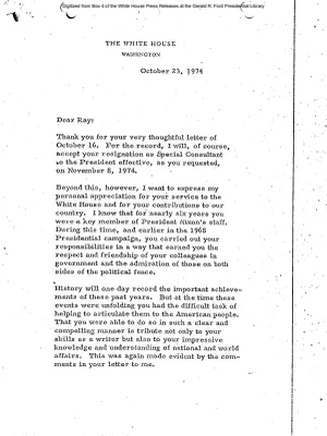 President's Letter accepting resignation of Raymond K. Price, Jr., as Special Consultant to the President