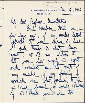 Robbins, Royal E. autograph letter signed to Hugo Münsterberg, Brookline, Mass., 06 December 1916