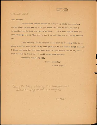 Nicola Sacco typed note (copy) to [Leonard D.] Abbott, [Dedham], 13 October 1926