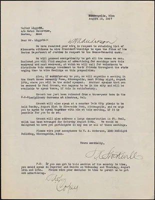 S. A. Stockwell typed letter signed (copy) to Walter Liggett, Minneapolis, Minn., August 13, 1927
