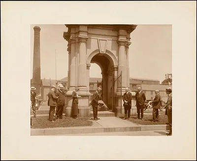 Plymouth Tercentenary celebration, June 24, 1920, Selectman William T. Eldridge in front of Plymouth Rock doffing hat to A. N. Hollely of Plymouth, England