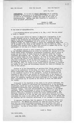 Press Release, President Harry S. Truman to the House of Representatives