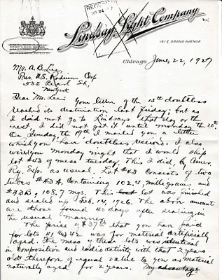 Letters Received to A.B. Lee [C.B. Lee], June 22, 1927