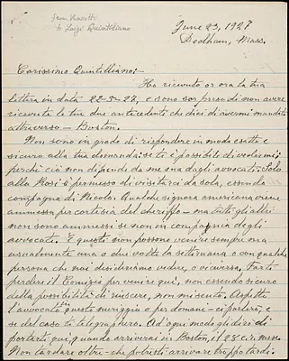 Bartolomeo Vanzetti autographed letter signed to Luigi Quintiliano, Dedham, 24 June 1927