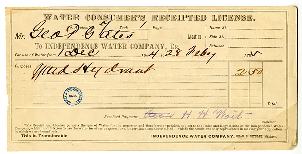 Bill from Independence Water Company to George P. Gates, Water Consumer's Receipted License