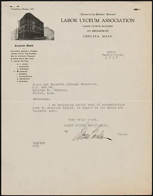 William M. Gordon typed note signed to Sacco-Vanzetti Defense Committee, Chelsea, Mass., April 21, 1927