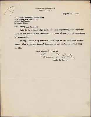 Louis F. Post typed note to Citizens National Committee for Sacco and Vanzetti, Washington, D. C., August 17, 1927