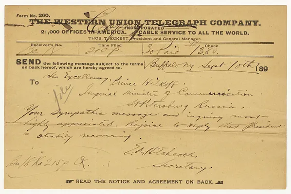 Telegram from Secretary of the Interior E. A. Hitchcock to Prince Hilkoff, Imperial Minister of Communication, Russia