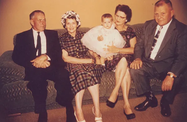 Vera and Carl Lewis, Bruce and Bessie Blake, Shelly Schlawin Baptism, 1961