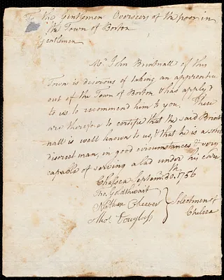 William Townsend indentured to apprentice with John Brintnall of Chelsea, 1 September 1756
