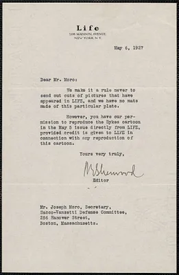 R. E. Sherwood (Life Magazine) typed note signed to Joseph Moro, New York, N.Y., May 6, 1927