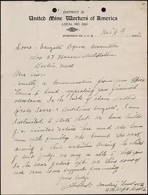 J. Hubbard (Local 4546, United Mine Workers of America) autograph letter signed to Sacco-Vanzetti Defense Committee, Dominion No, 6, C. B., November 8, 1923