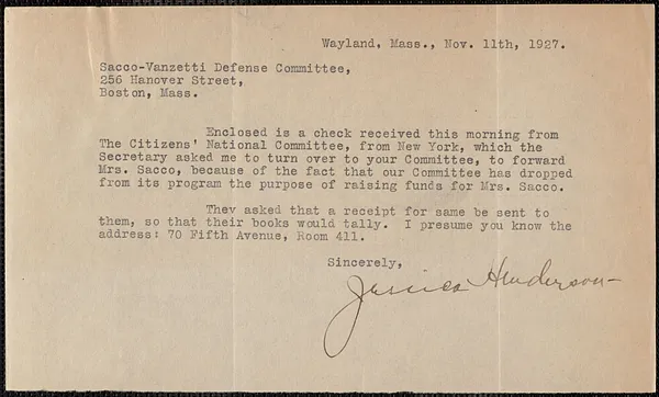 Jessica Henderson typed note signed to Sacco-Vanzetti Defense Committee, Wayland, Mass., November 11, 1927