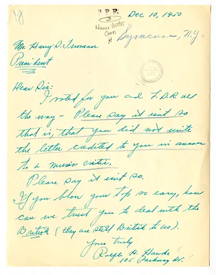 Letter from Ralph Hawke to President Harry S. Truman
